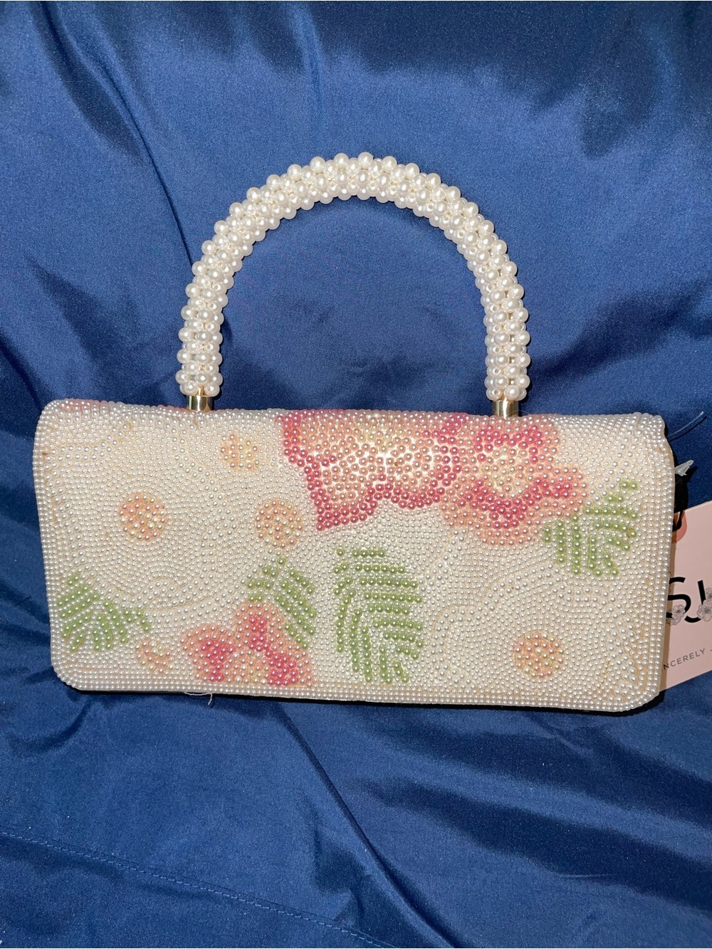 Sincerely Jules Pearl-Embellished Floral Top-Handled Clutch Bag